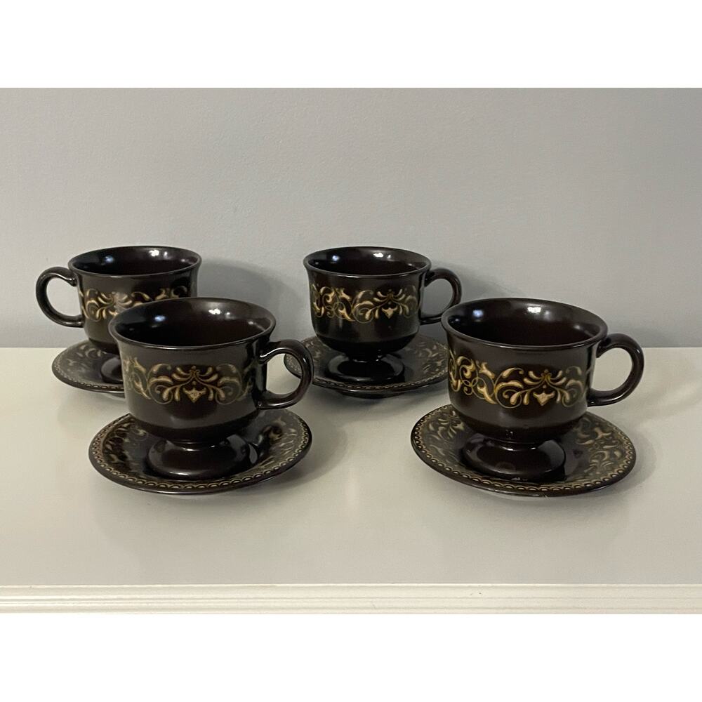 Set of 4 Franciscan Jamoca Earthenware Footed Tea Cups & Saucers 1970's